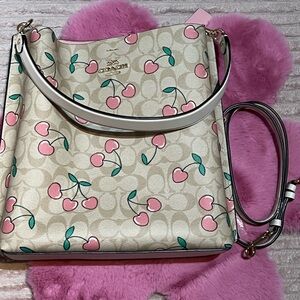 Coach Beige Shoulder Bag with Pink Cherry Print